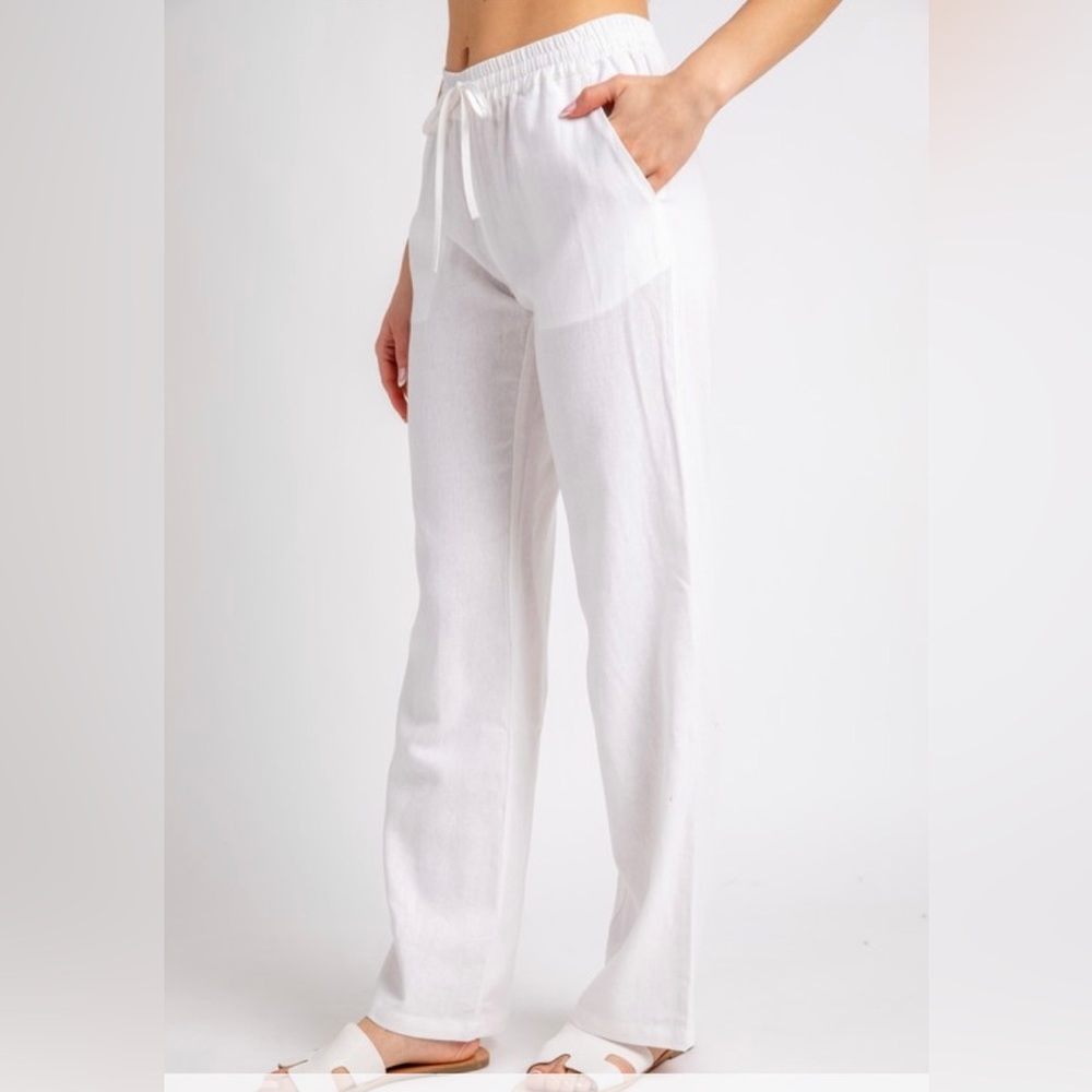 Last New Linen Woven Solid Pants Classic Style Drawstring Pockets White - Picture 3 of 3